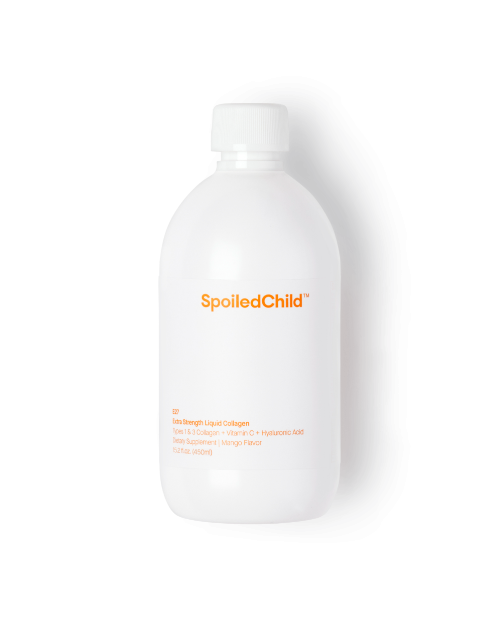 A white bottle of SpoiledChild E27 Extra Strength Liquid Collagen in Mango Flavor, featuring Types 1 & 3 Collagen, Vitamin C, and Hyaluronic Acid.