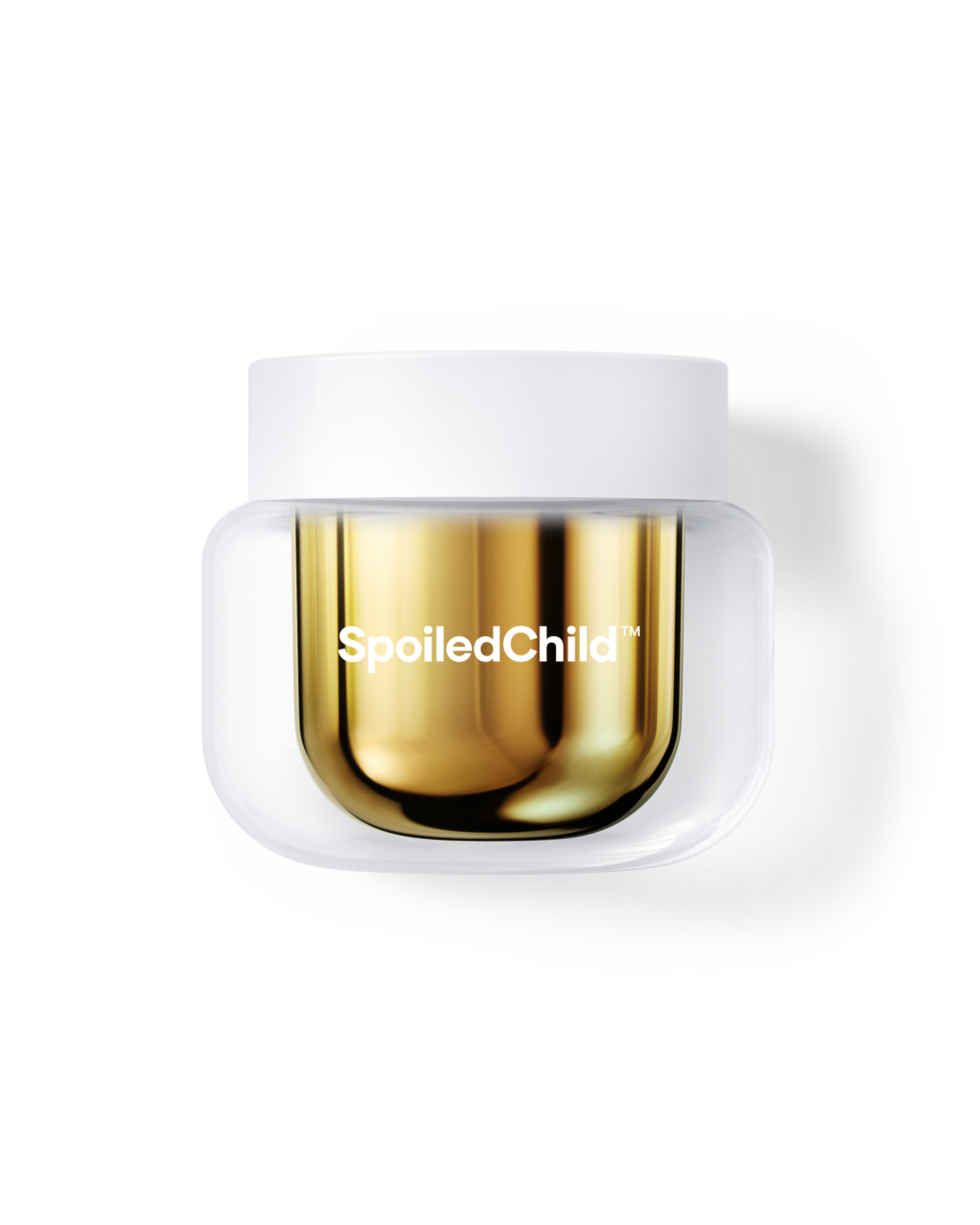 A SpoiledChild S24 product jar with a white screw cap and a clear outer shell that reveals a reflective gold inner container, centered against a plain white background.
