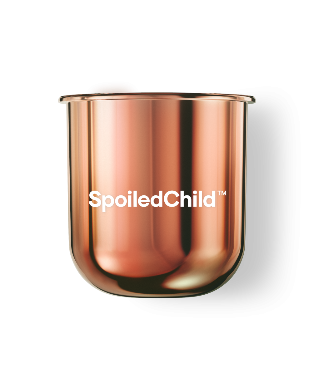A close-up of a sleek, copper-toned refill capsule for a SpoiledChild product. The metallic container has a rounded base and features the brand name 