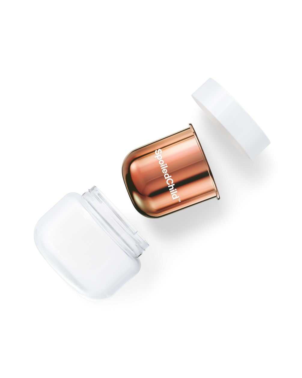 An exploded-view overhead shot showing the components of a SpoiledChild A29 Shine Activator Hair Mask. The image features the clear outer jar base, the copper-toned product refill capsule with the brand name in white, and the white screw-top lid, all arra