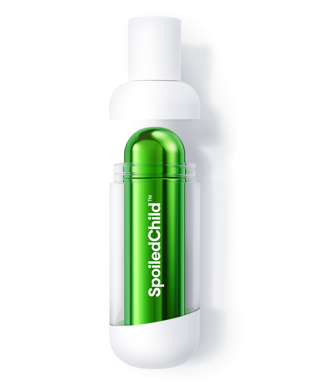 Imagen de producto de una botella A35 de SpoiledChild blanca con la tapa retirada. La sección central transparente revela una cápsula de recarga en color verde metálico en su interior.