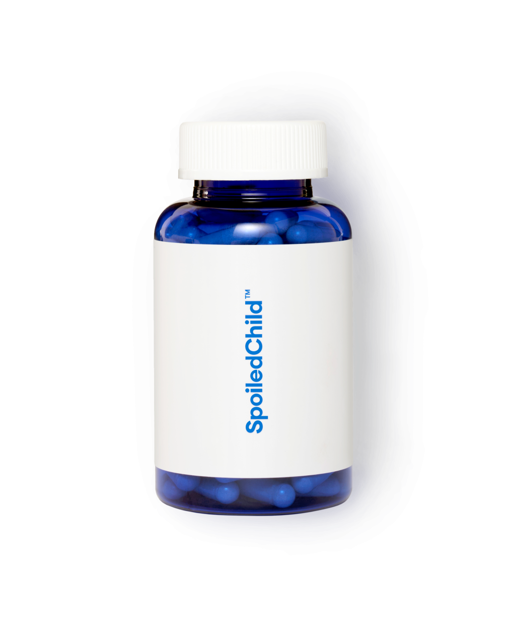 A product shot of a SpoiledChild B40 supplement bottle. The bottle is made of transparent blue plastic filled with capsules, featuring a clean white label with vertical blue branding and a white screw-top lid, set against a plain white background.