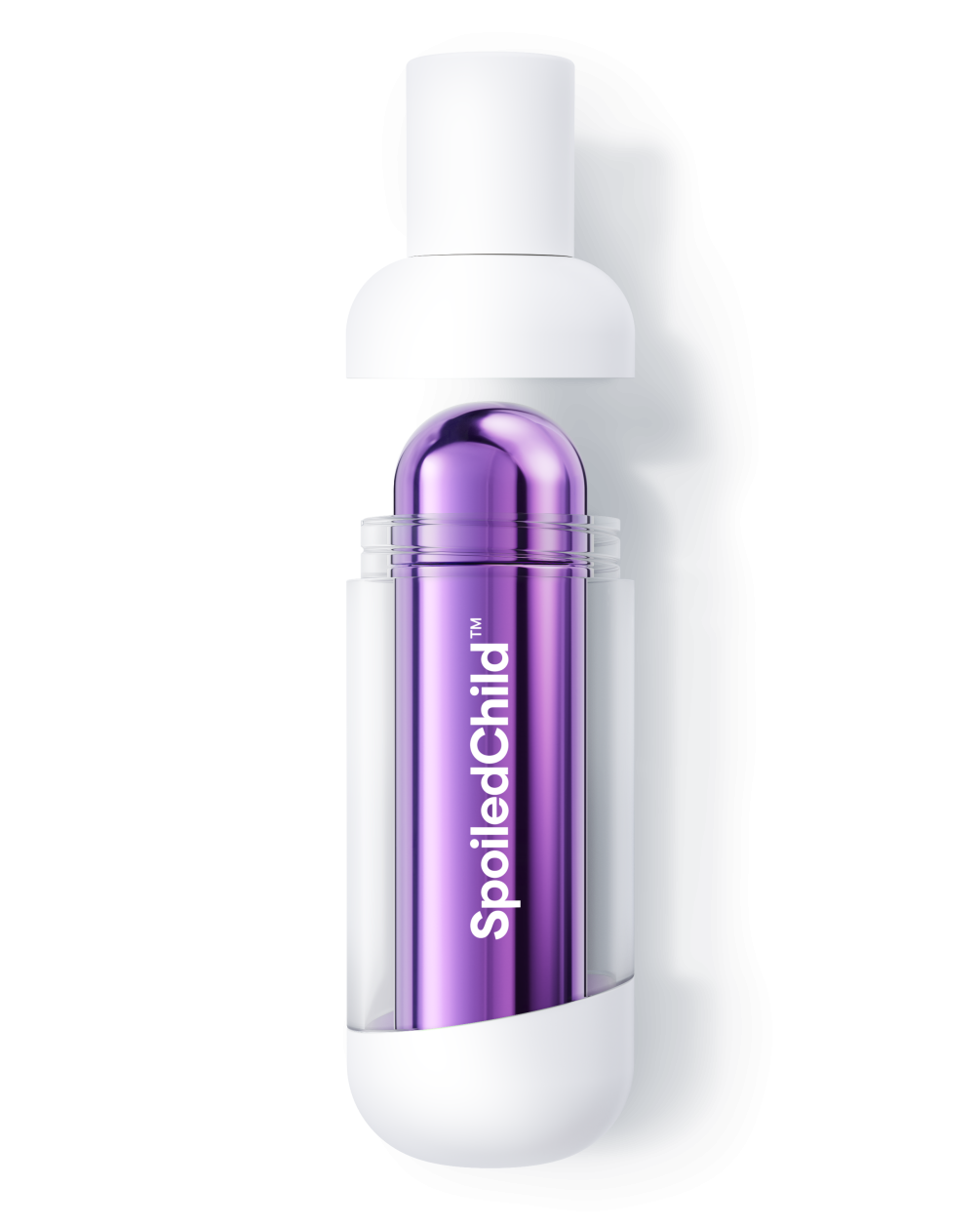 A product demonstration image showing a white SpoiledChild C29 bottle with the top cap removed and hovering above. The clear mid-section of the outer container reveals a metallic violet refill capsule inside.