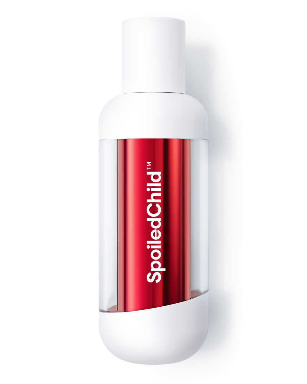 A studio shot of a white SpoiledChild D35+ bottle with a transparent center window. Through the clear section, a metallic red refill capsule is visible, featuring the brand name printed vertically in white.