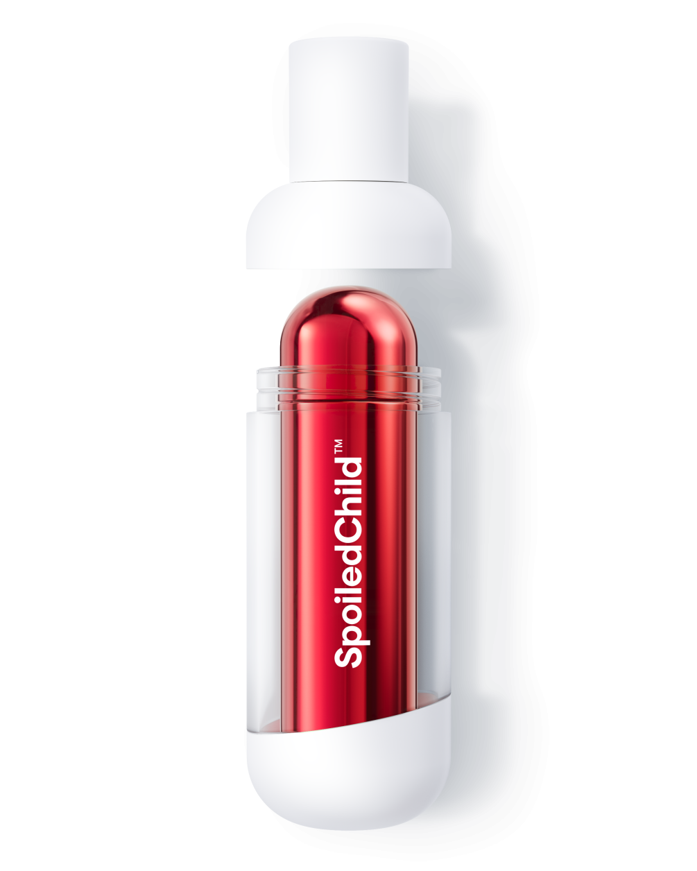 A product demonstration image showing a white SpoiledChild D35+ bottle with the top cap removed and hovering above. The clear mid-section of the outer container reveals a metallic red refill capsule inside.
