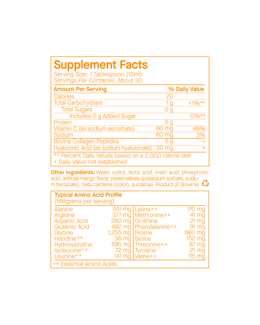 An orange and white Supplement Facts label for E27 Liquid Collagen, detailing nutritional information, ingredients, and a typical Amino Acid Profile per serving.