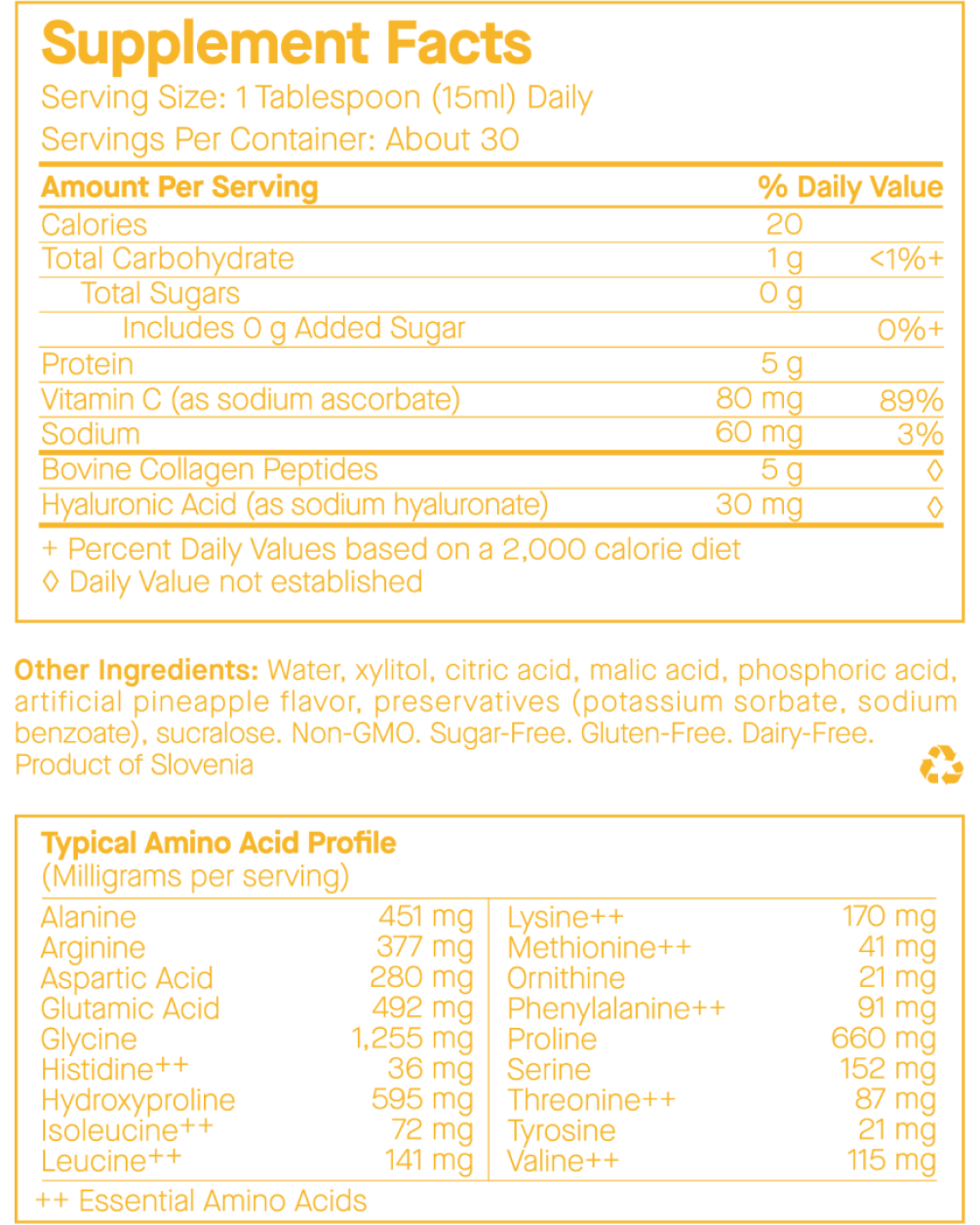 An yellow and white Supplement Facts label for E27 Liquid Collagen, detailing nutritional information, ingredients, and a typical Amino Acid Profile per serving.