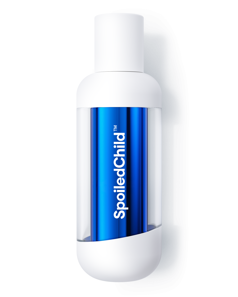A studio shot of a white SpoiledChild F38 bottle with a transparent center window. Through the clear section, a metallic blue refill capsule is visible, featuring the brand name printed vertically in white.
