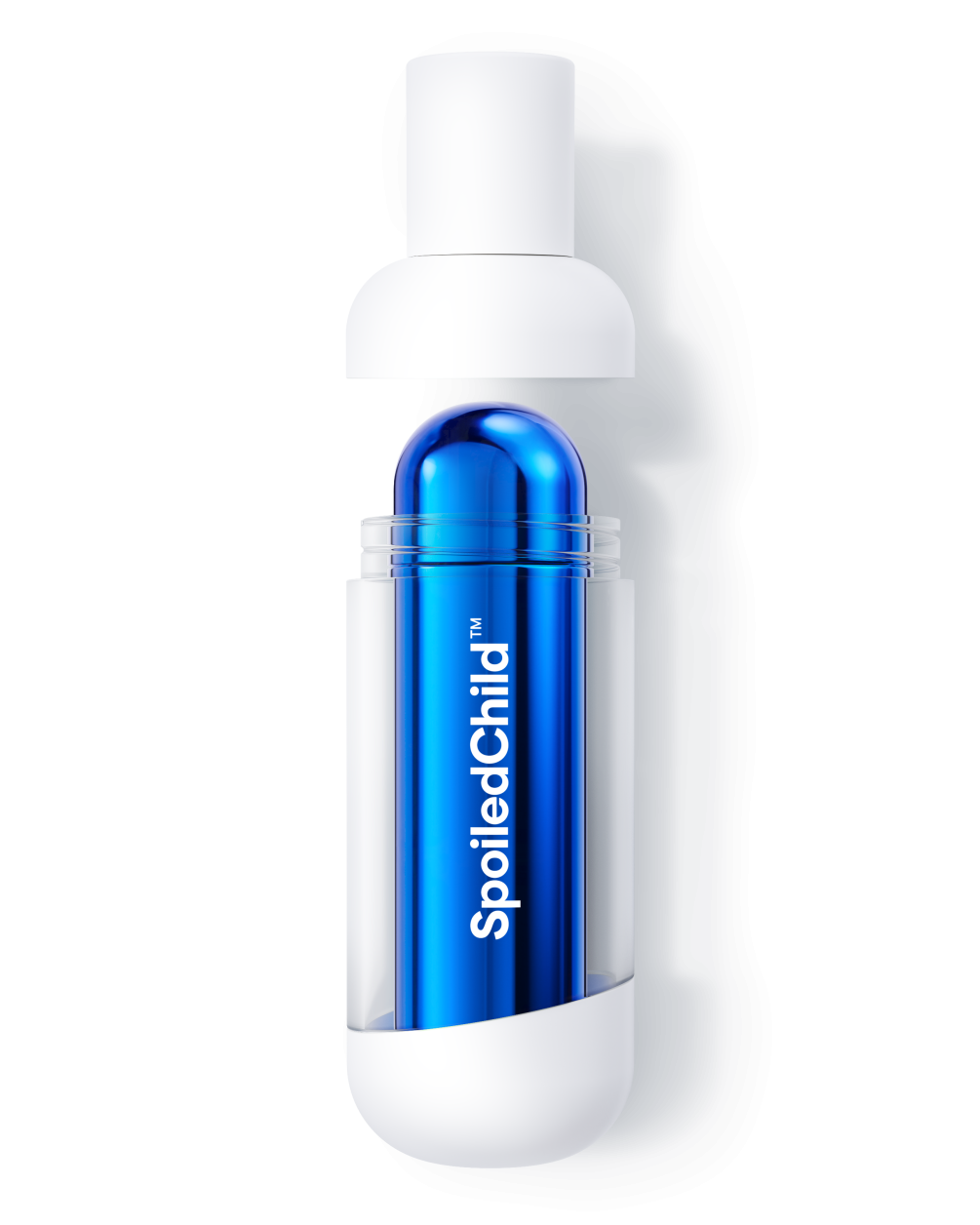 A product demonstration image showing a white SpoiledChild F38 bottle with the top cap removed and hovering above. The clear mid-section of the outer container reveals a metallic blue refill capsule inside.