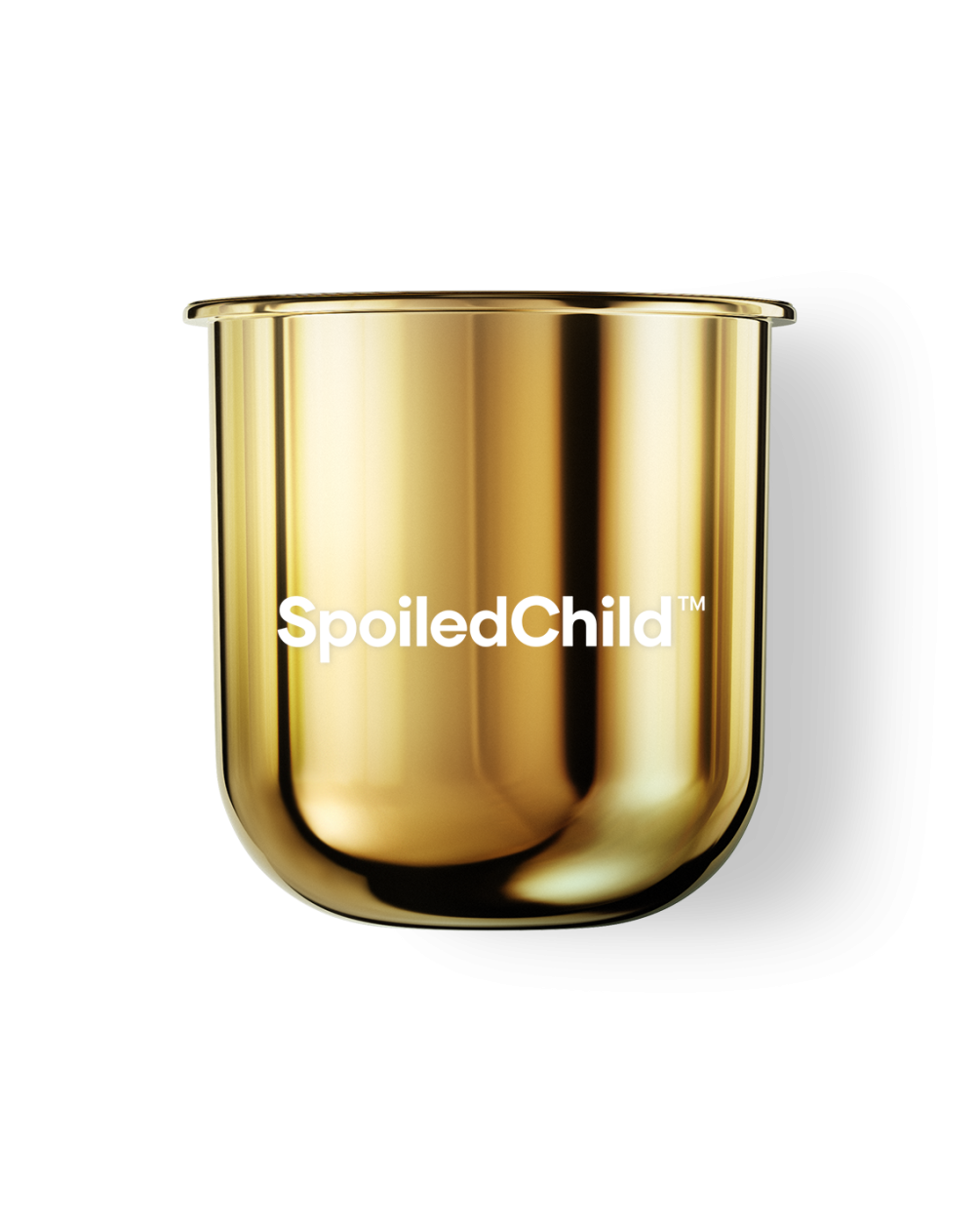 A reflective gold SpoiledChild S24 refill capsule with a rounded base and flat rim, centered against a plain white background.