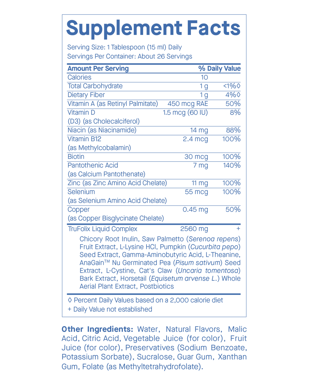 A Supplement Facts label for SpoiledChild I34 hair growth liquid. It lists key nutrients including Biotin, Zinc, Selenium, and a TruFolix Proprietary Complex featuring Saw Palmetto, Horsetail extract, and AnaGain™ Nu.