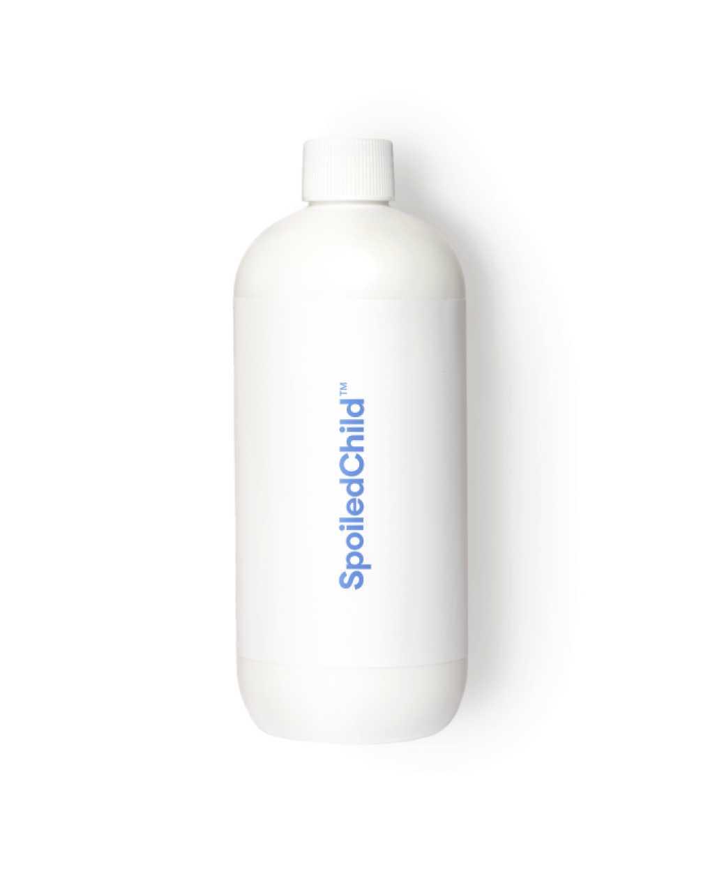 Frasco blanco de SpoiledChild I34 con tapa de rosca blanca, centrado sobre un fondo blanco liso.