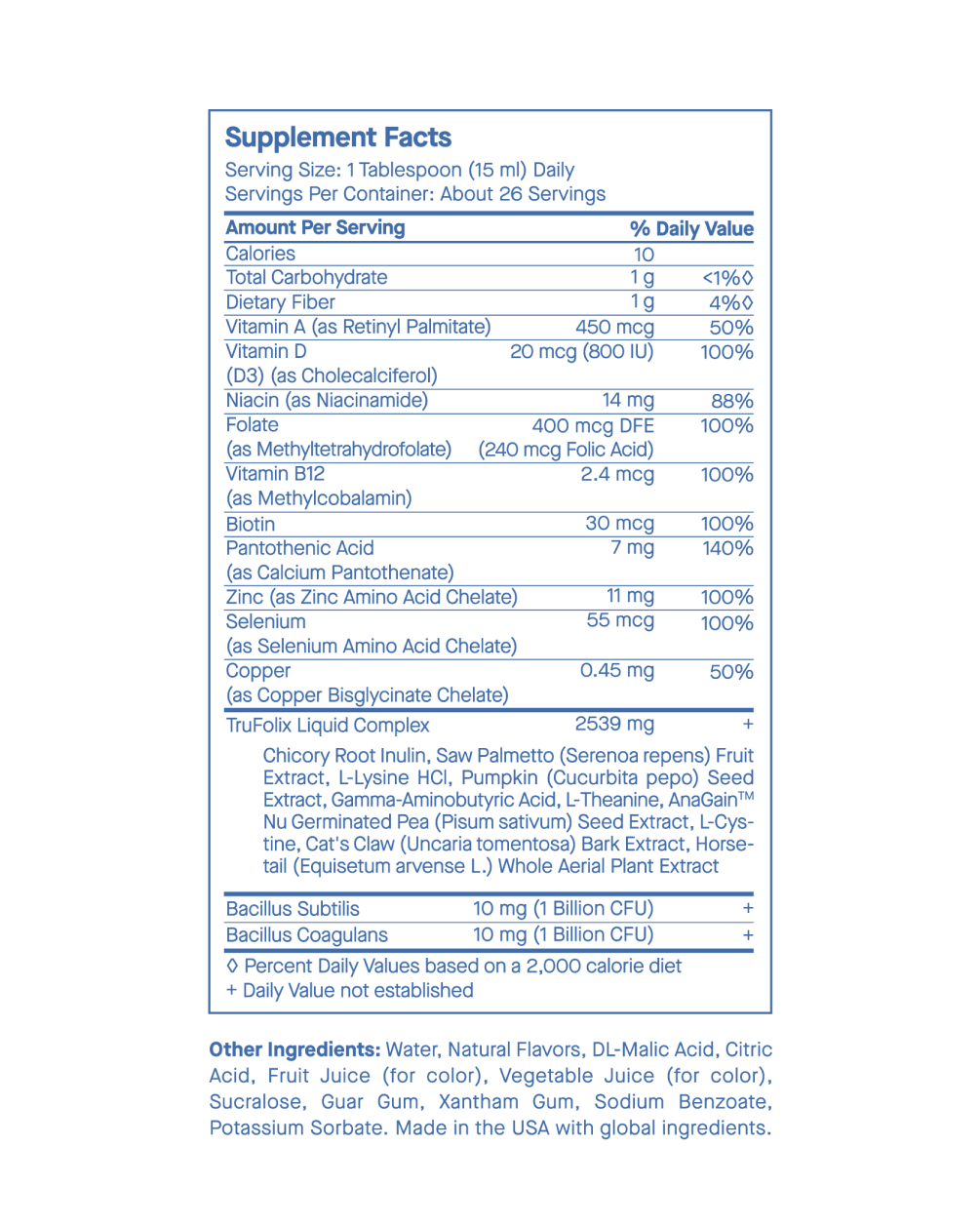 Etiqueta nutricional de SpoiledChild I34: biotina, zinc, selenio y TruFolix Complex (Saw Palmetto, cola de caballo y AnaGain™ Nu).