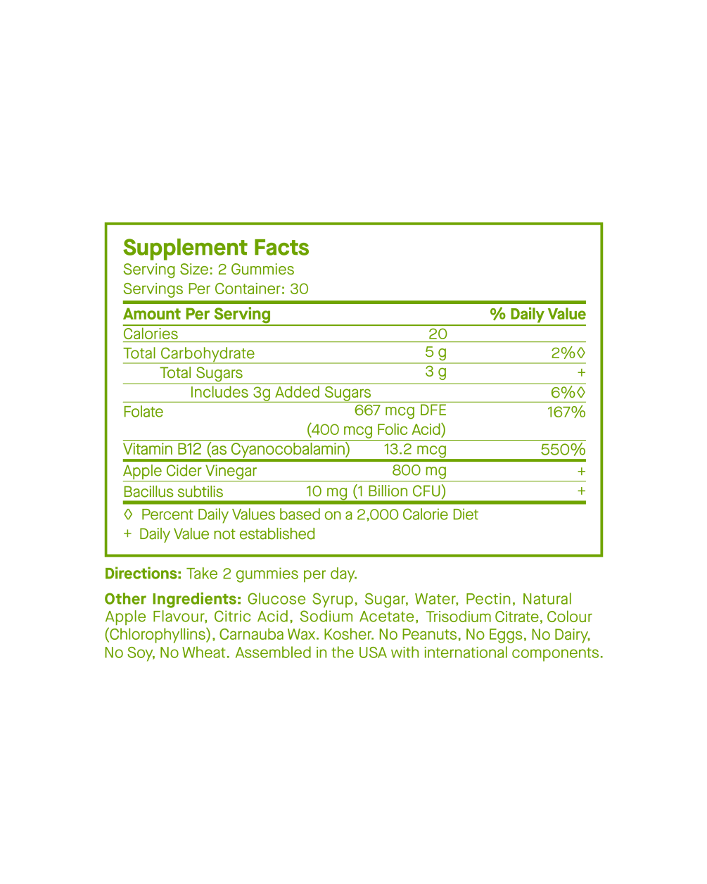 Etiqueta de información nutricional de las gomitas SpoiledChild J29 de vinagre de sidra de manzana: porción de 2 gomitas, 20 calorías, 5 g de carbohidratos y 500 mg de vinagre de sidra de manzana, con folato y vitamina B12 como ingredientes clave.