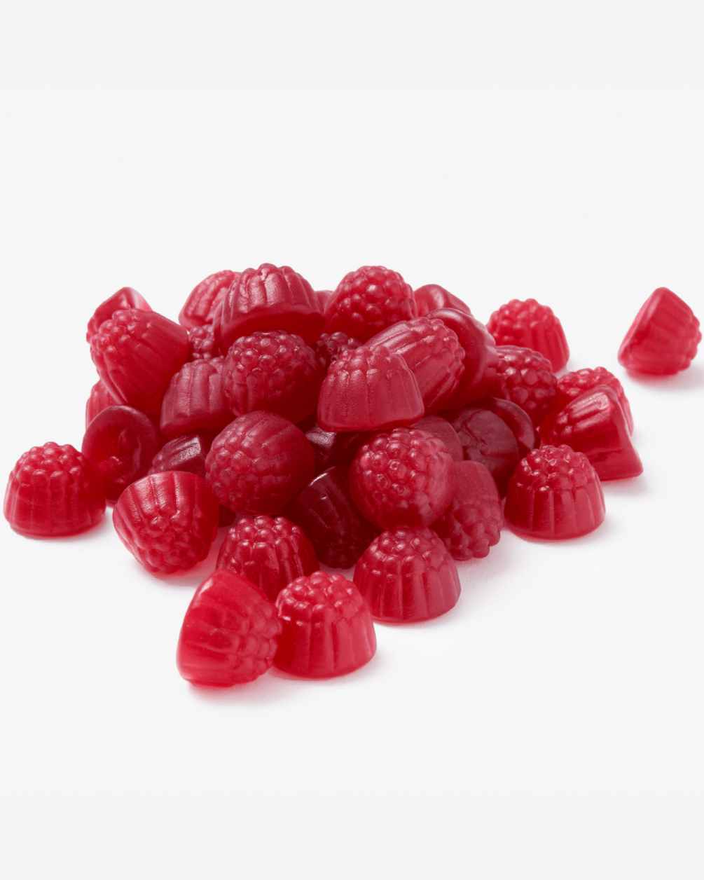 A small pile of red, raspberry-shaped L30 gummy supplements clustered together on a clean, solid white background.
