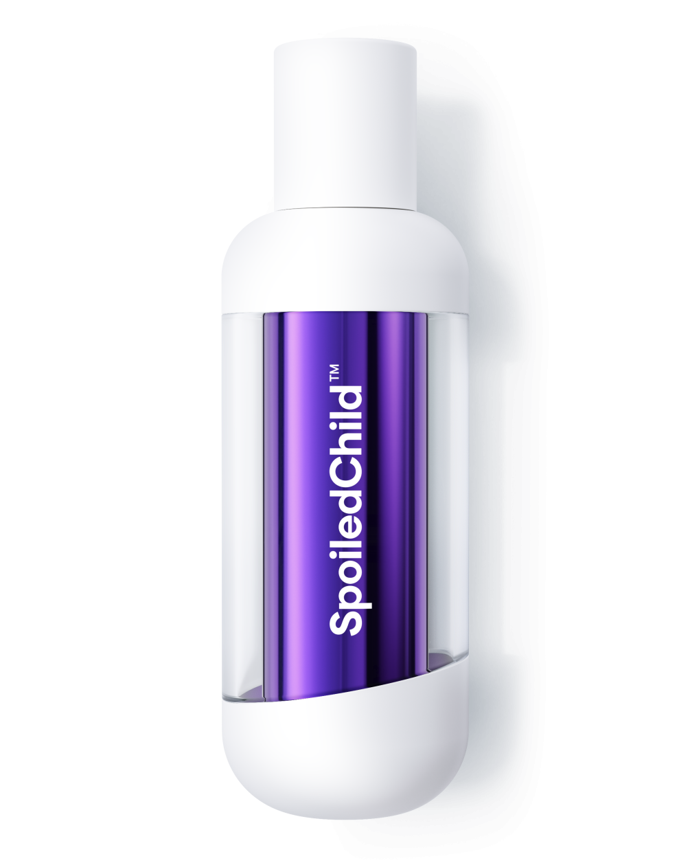 A studio shot of a white SpoiledChild L28 bottle with a transparent center window. Through the clear section, a metallic dark violet refill capsule is visible, featuring the brand name printed vertically in white.