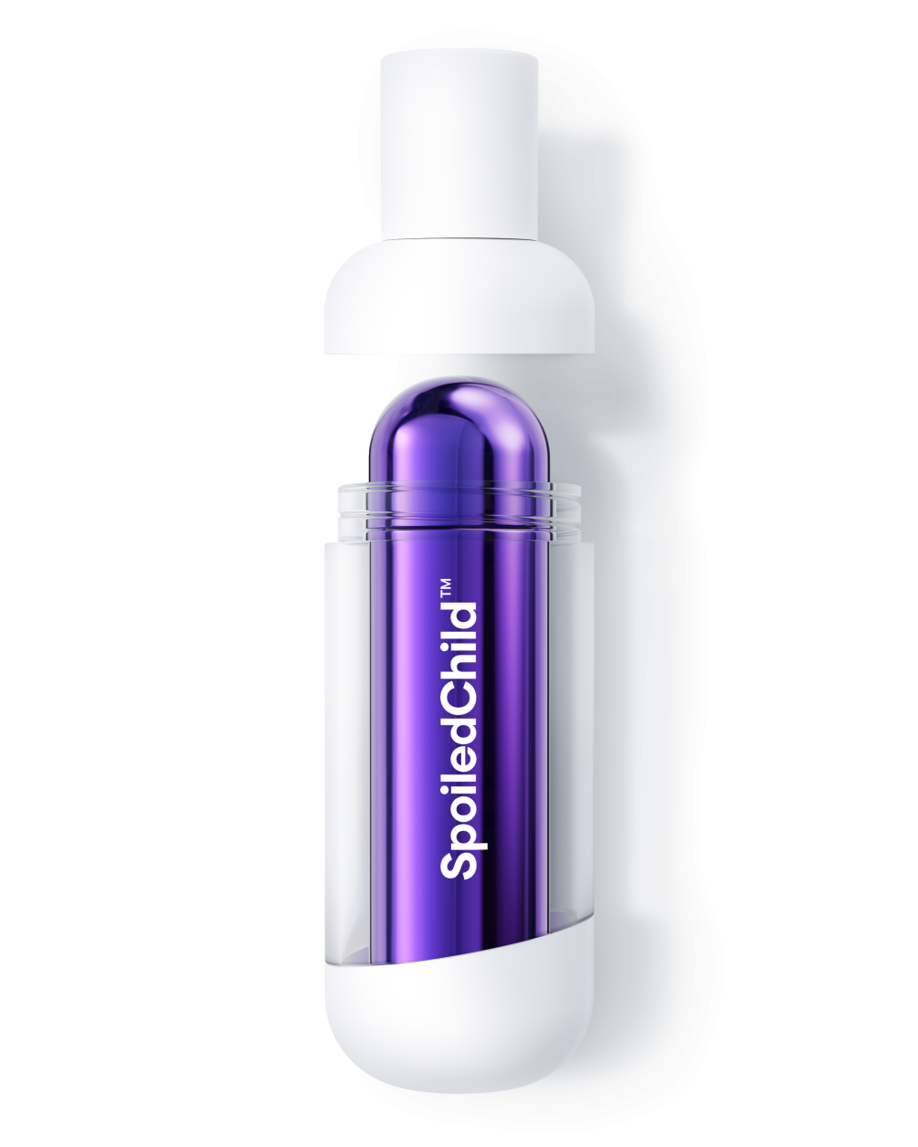 A product demonstration image showing a white SpoiledChild L28 bottle with the top cap removed and hovering above. The clear mid-section of the outer container reveals a metallic dark violet refill capsule inside.
