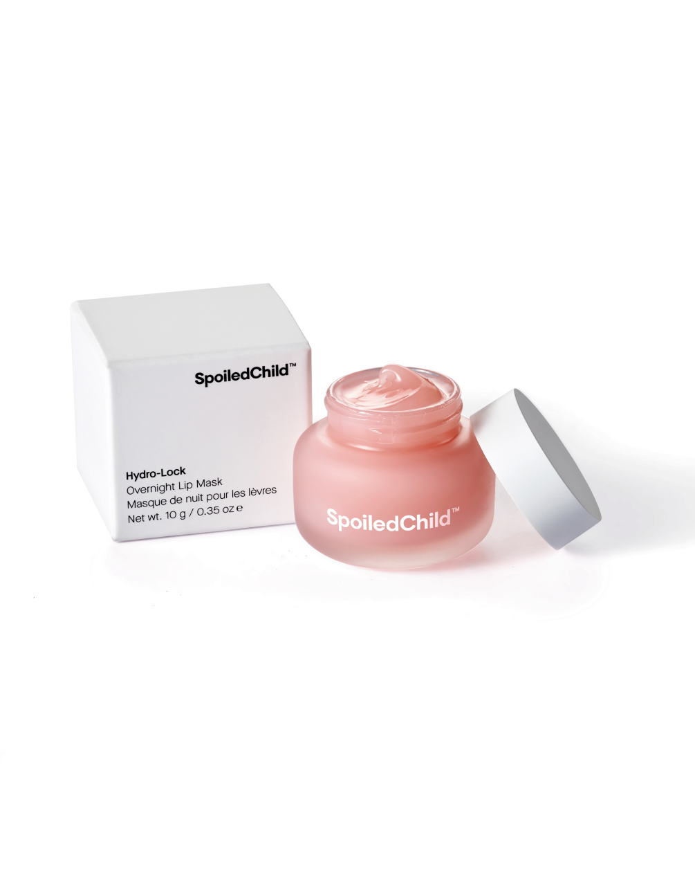 An open jar of pink lip mask and its white outer packaging box, both featuring the 