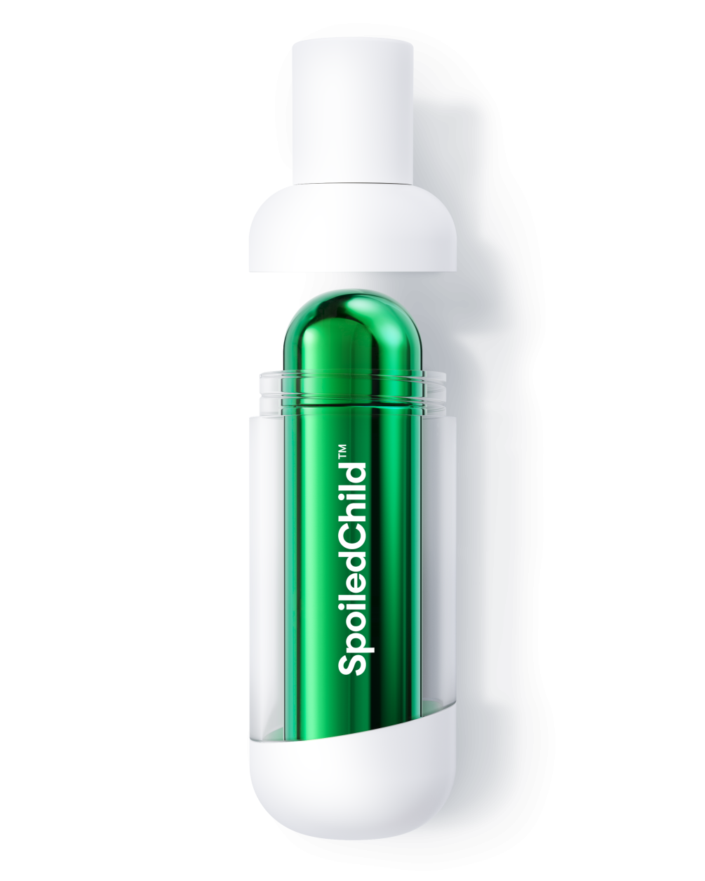 A product icon for the SpoiledChild M27 bottle with the top section lifted to show how a sleek, metallic teal refill capsule fits into the clear outer base.