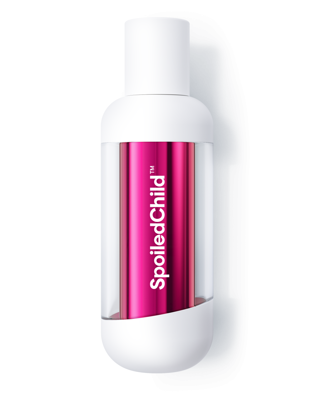 A studio shot of a white SpoiledChild O36 bottle with a transparent center window. Through the clear section, a metallic pink refill capsule is visible, featuring the brand name printed vertically in white.