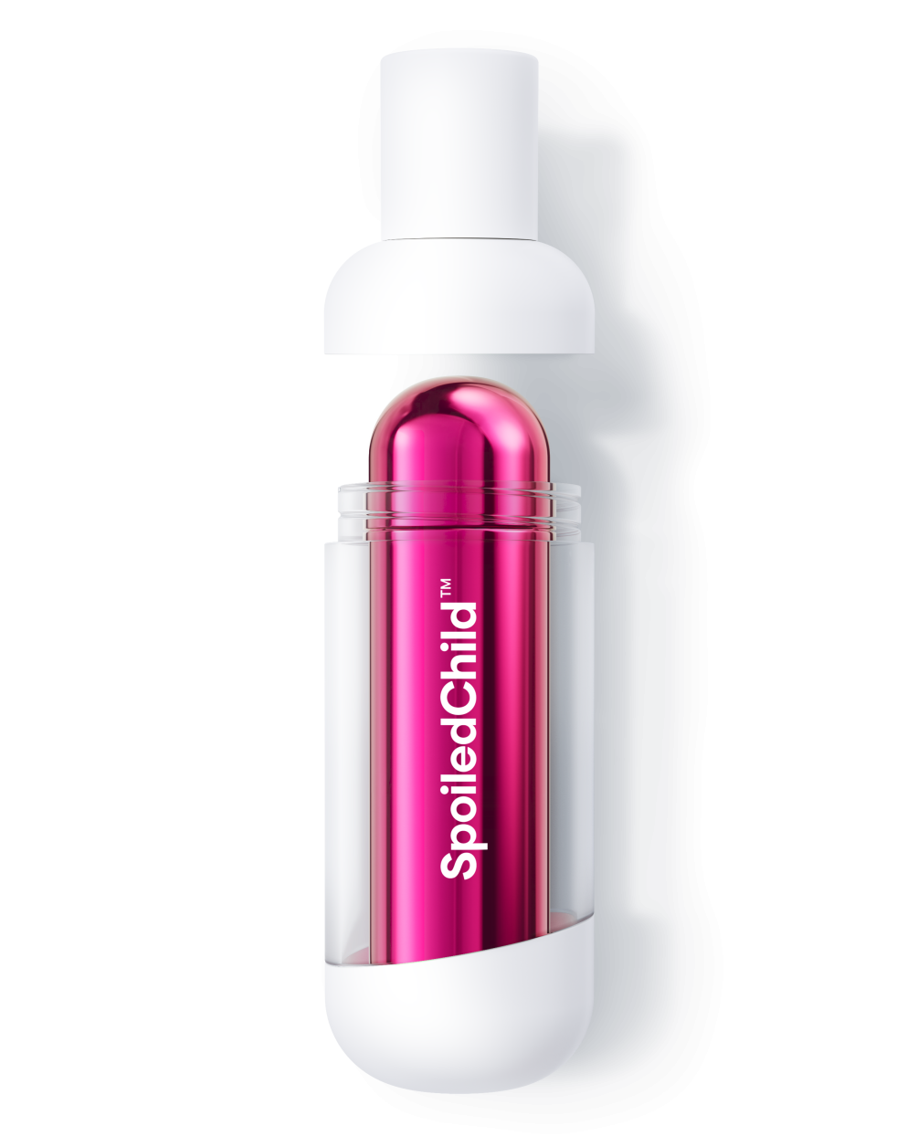 A product demonstration image showing a white SpoiledChild O36 bottle with the top cap removed and hovering above. The clear mid-section of the outer container reveals a metallic pink refill capsule inside.
