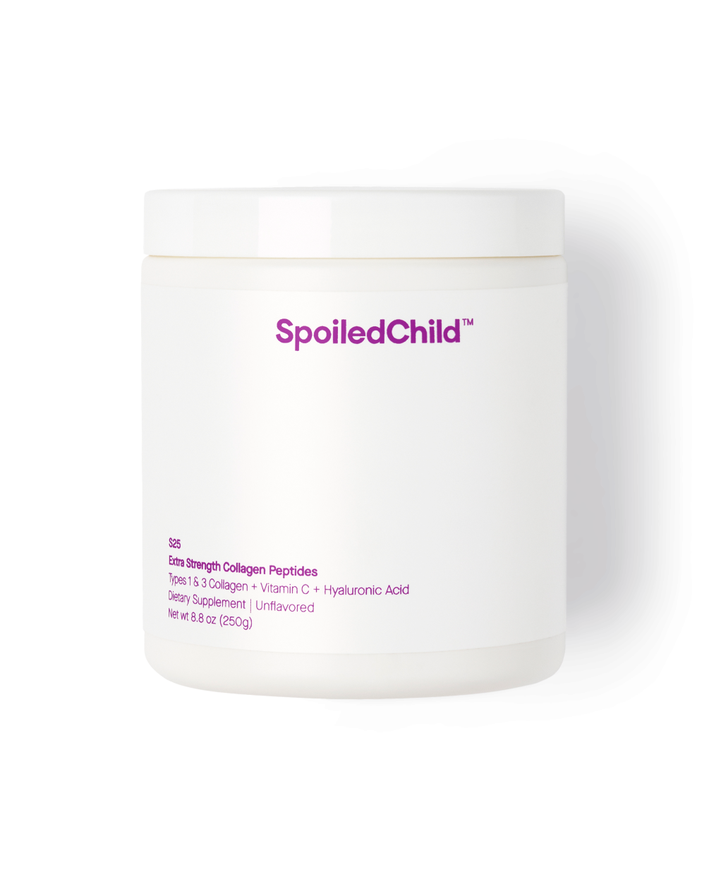 A large, white cylindrical tub for SpoiledChild S25 Extra Strength Collagen Peptides. The minimalist label features purple text and describes the product as a tropical-flavored supplement.