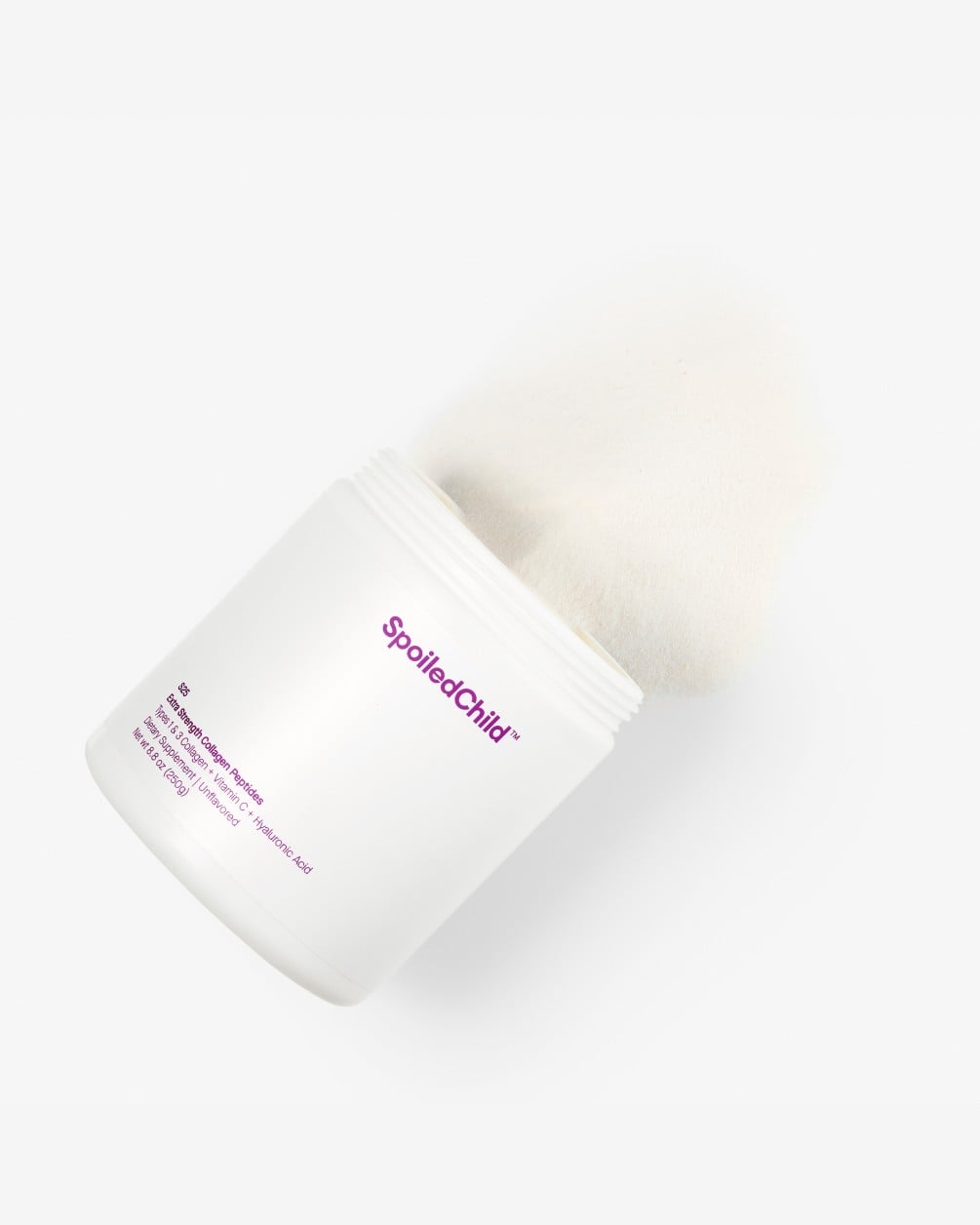 An open white tub of SpoiledChild S25 Extra Strength Collagen Peptides shown from a top-down angle, with a cloud of fine white powder spilling out against a plain white background.