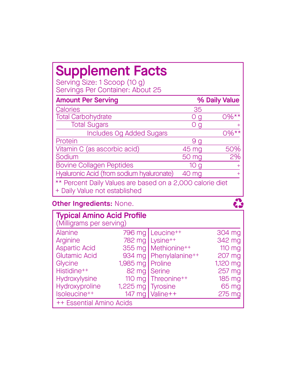 The Supplement Facts and Typical Amino Acid Profile label for SpoiledChild S25 Extra Strength Collagen Peptides, featuring purple text on a white background. The label lists nutritional information per serving, including calories, protein, Vitamin C etc.