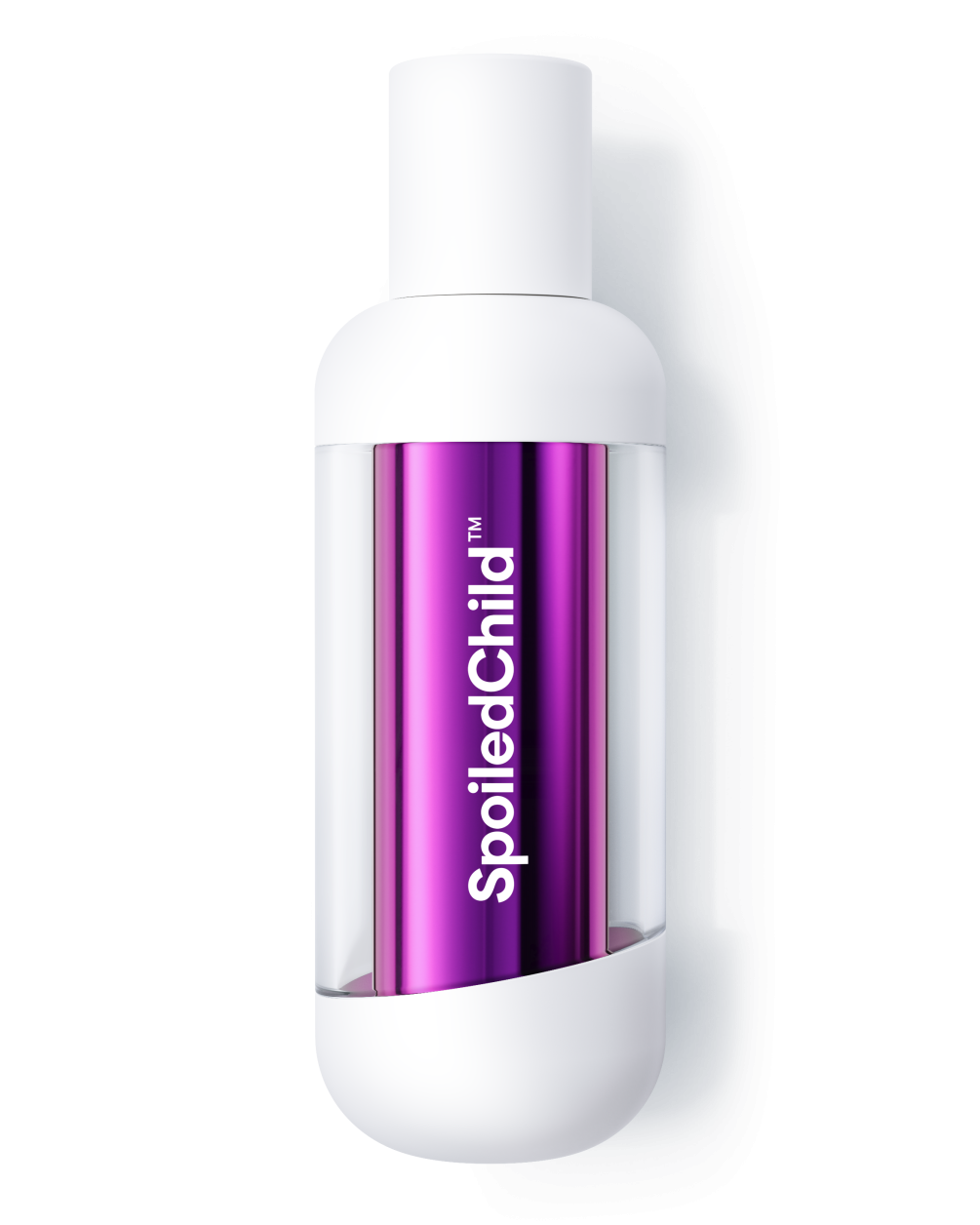 A studio shot of a white SpoiledChild S27+ bottle with a transparent center window. Through the clear section, a metallic purple refill capsule is visible, featuring the brand name printed vertically in white.