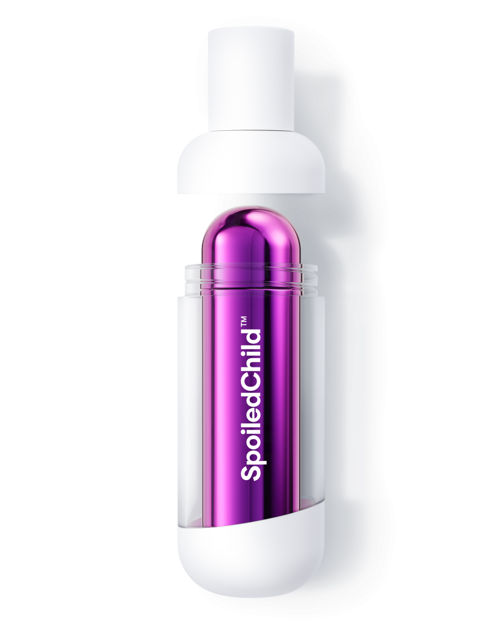 A product demonstration image showing a white SpoiledChild S27+ bottle with the top cap removed and hovering above. The clear mid-section of the outer container reveals a metallic purple refill capsule inside.