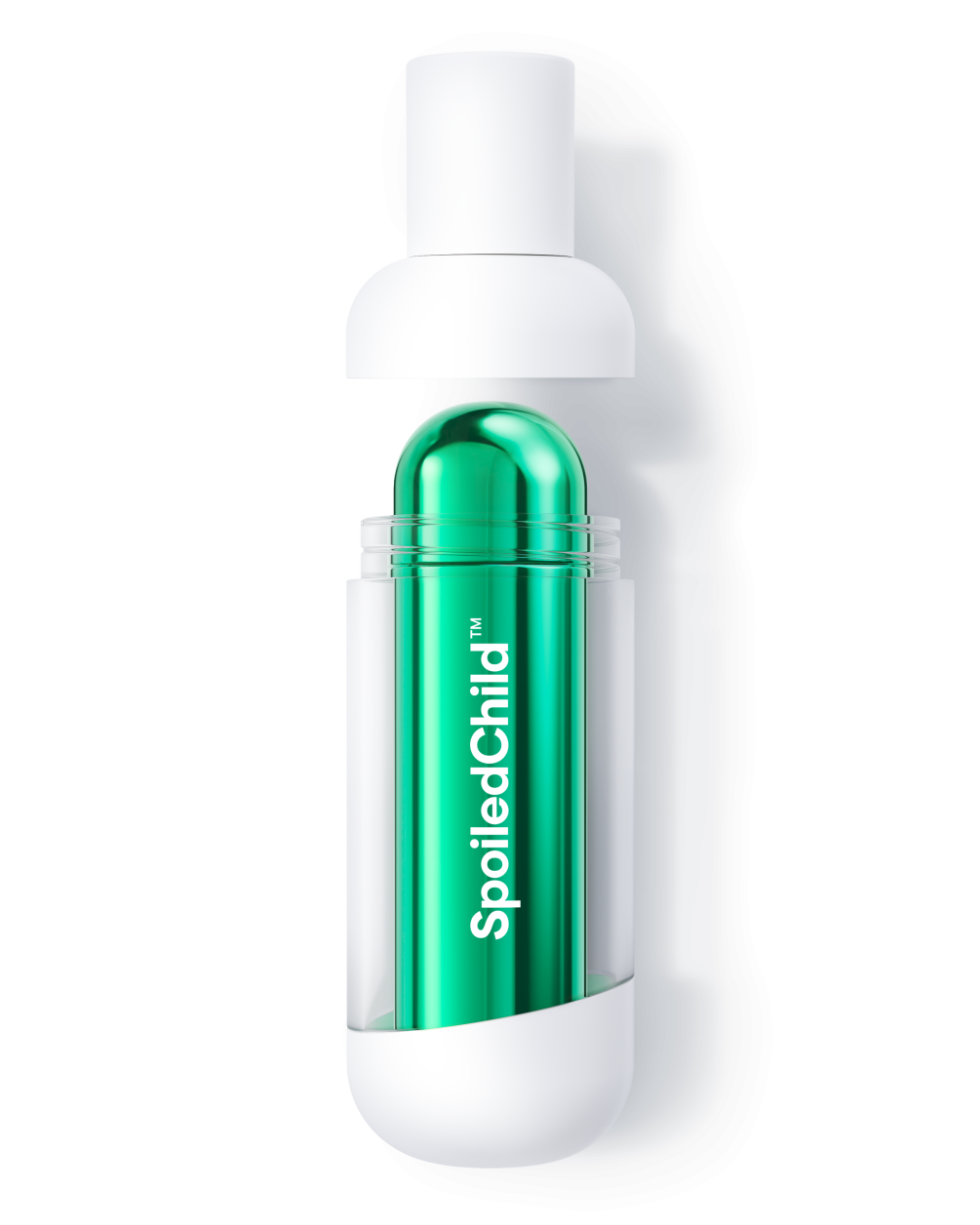 A product demonstration image showing a white SpoiledChild S34 bottle with the top cap removed and hovering above. The clear mid-section of the outer container reveals a metallic green refill capsule inside.