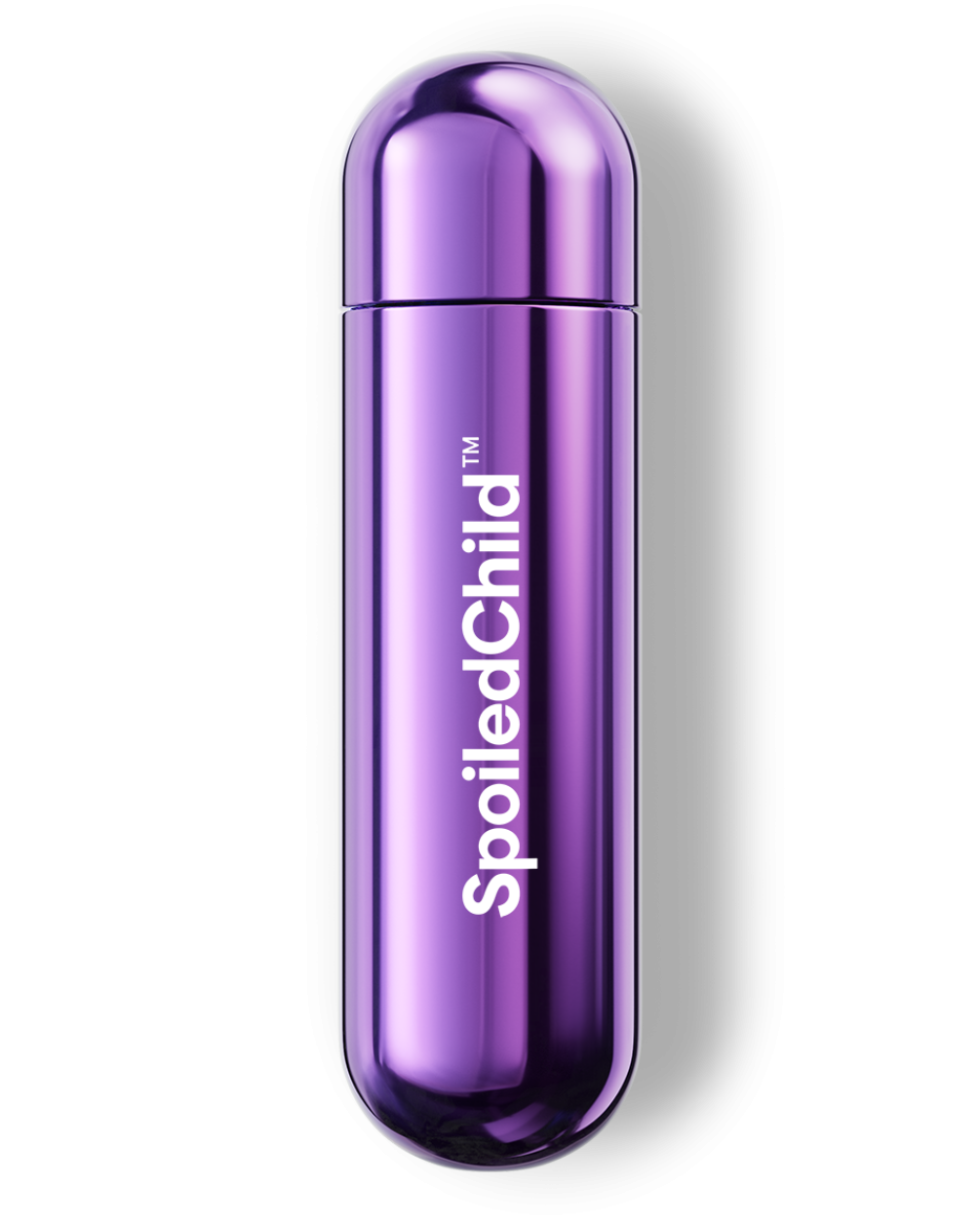 A studio shot of a metallic, violet-colored SpoiledChild C29 capsule standing vertically against a white background. The capsule has a rounded, pill-like shape with a reflective finish and the brand name printed vertically in white.