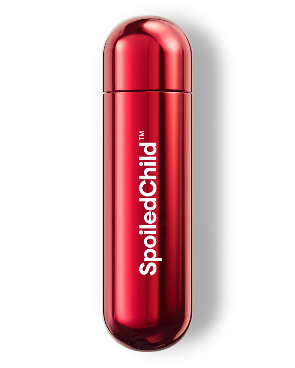 A studio shot of a metallic, red-colored SpoiledChild D35+ capsule standing vertically against a white background. The capsule has a rounded, pill-like shape with a reflective finish and the brand name printed vertically in white.