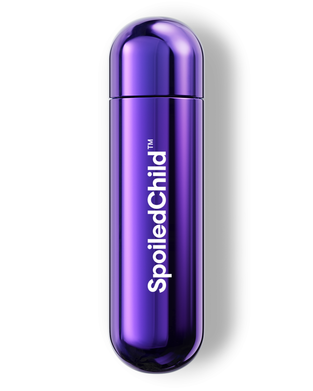 A studio shot of a metallic, violet-colored SpoiledChild L28 capsule standing vertically against a white background. The capsule has a rounded, pill-like shape with a reflective finish and the brand name printed vertically in white.