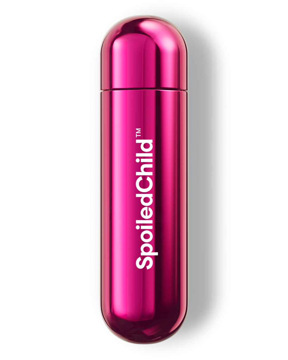 A studio shot of a metallic, pink-colored SpoiledChild O36 capsule standing vertically against a white background. The capsule has a rounded, pill-like shape with a reflective finish and the brand name printed vertically in white.