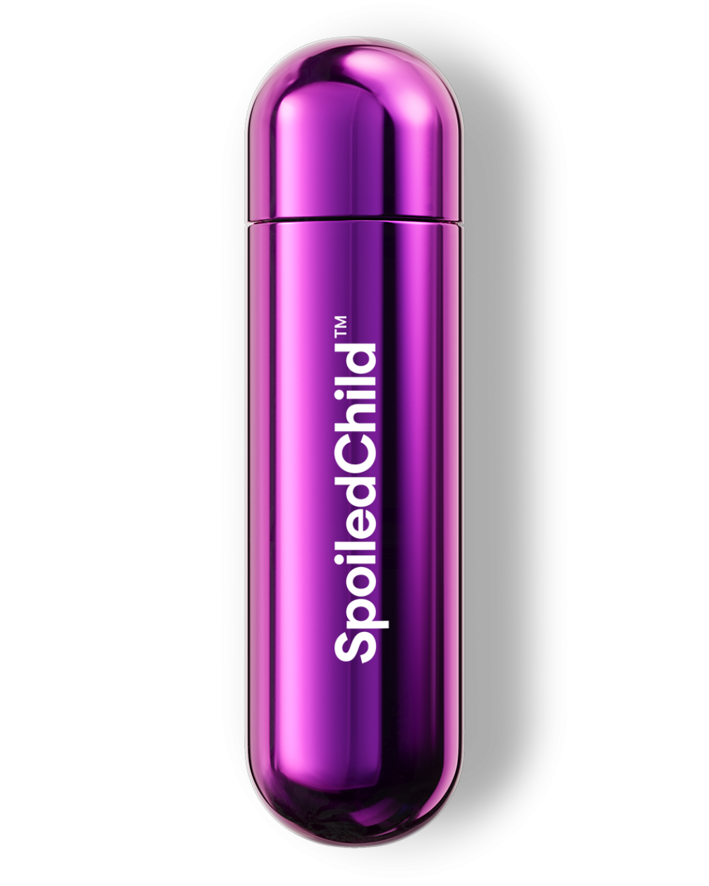 A studio shot of a metallic, purple-colored SpoiledChild S27+ capsule standing vertically against a white background. The capsule has a rounded, pill-like shape with a reflective finish and the brand name printed vertically in white.