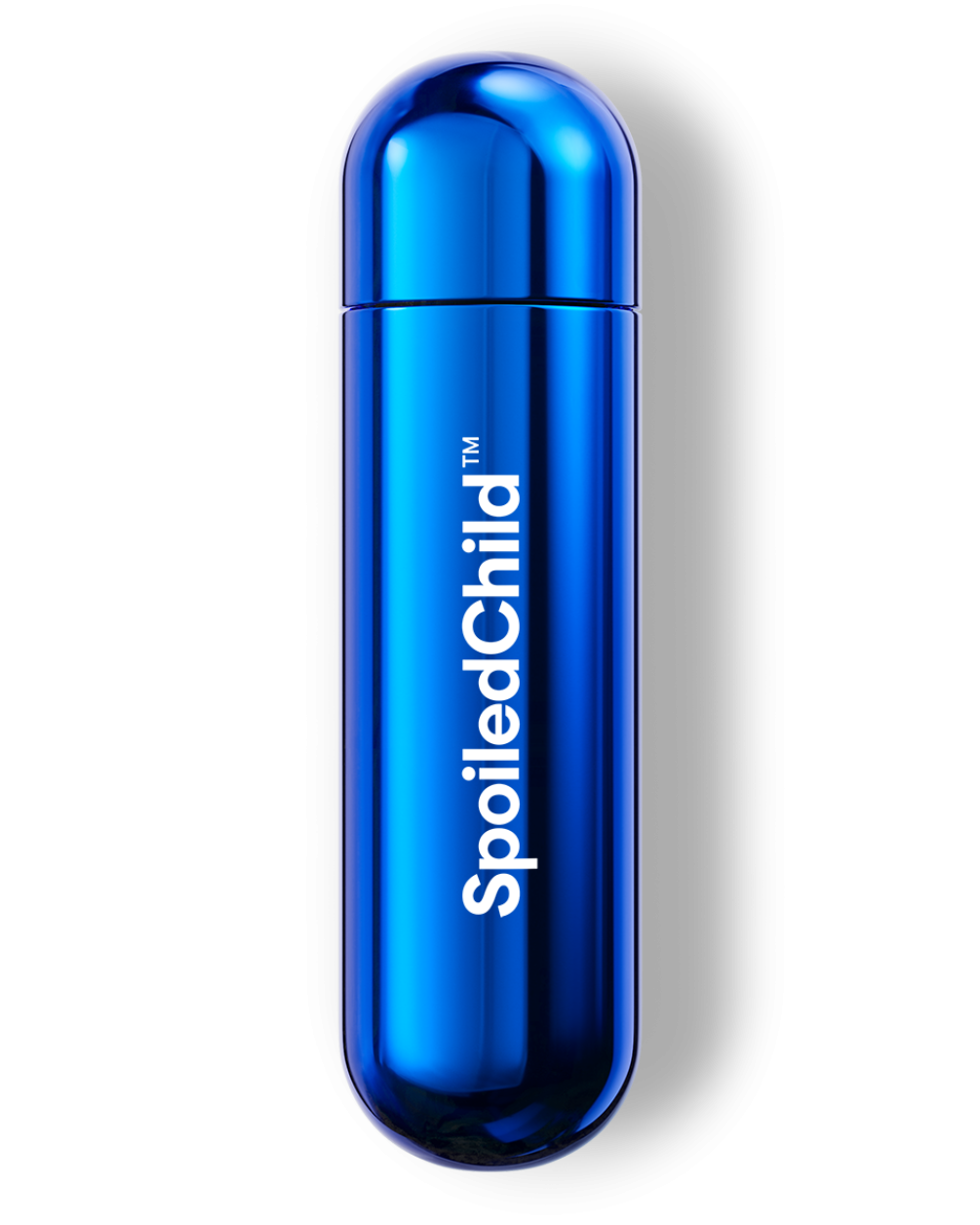 A studio shot of a metallic, blue-colored SpoiledChild F38 capsule standing vertically against a white background. The capsule has a rounded, pill-like shape with a reflective finish and the brand name printed vertically in white.