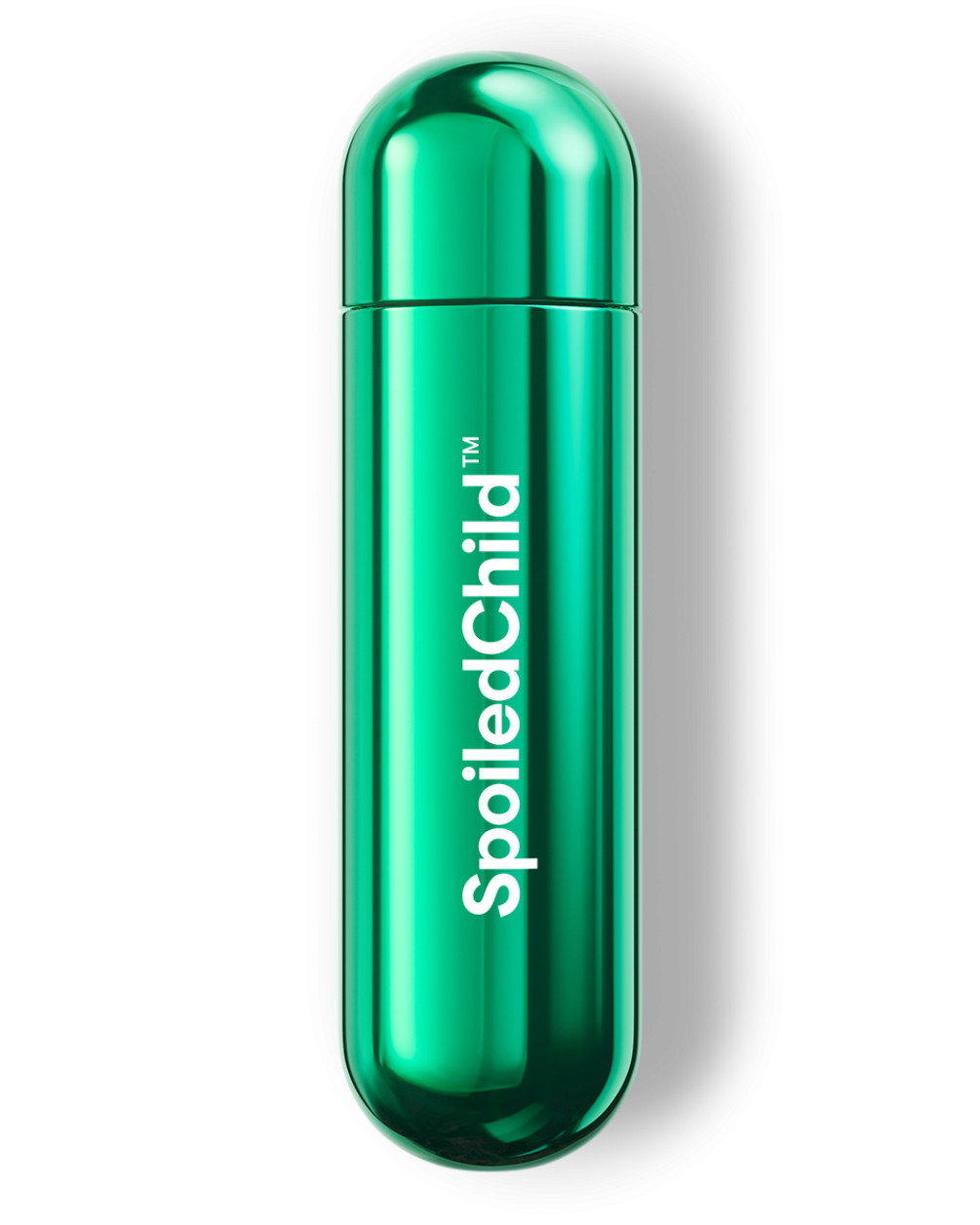 A studio shot of a metallic, green-colored SpoiledChild S34 capsule standing vertically against a white background. The capsule has a rounded, pill-like shape with a reflective finish and the brand name printed vertically in white.
