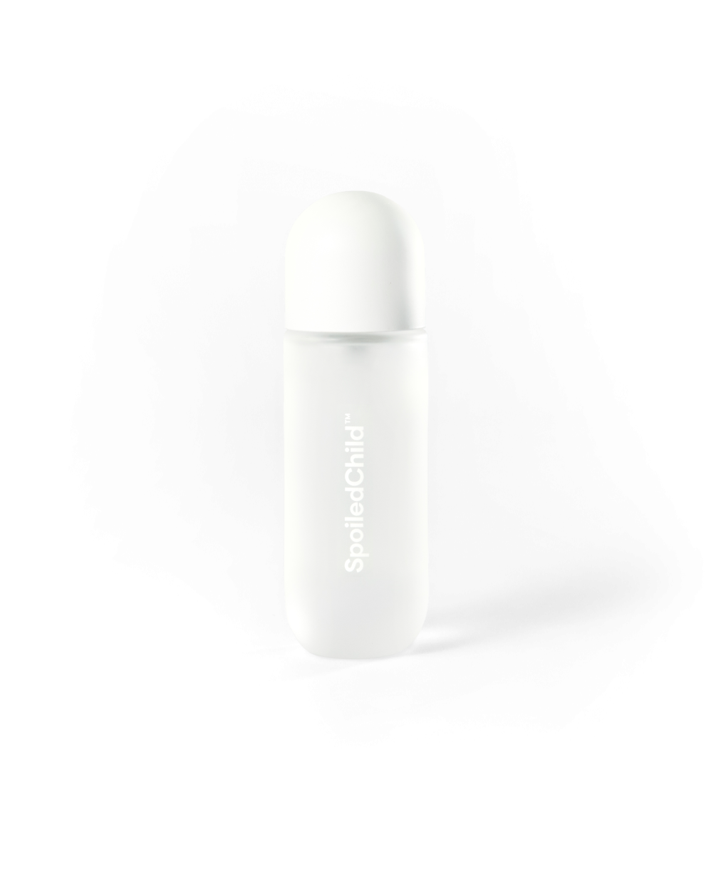 A tall, semi-transparent white frosted spray bottle with a rounded white cap, featuring the 