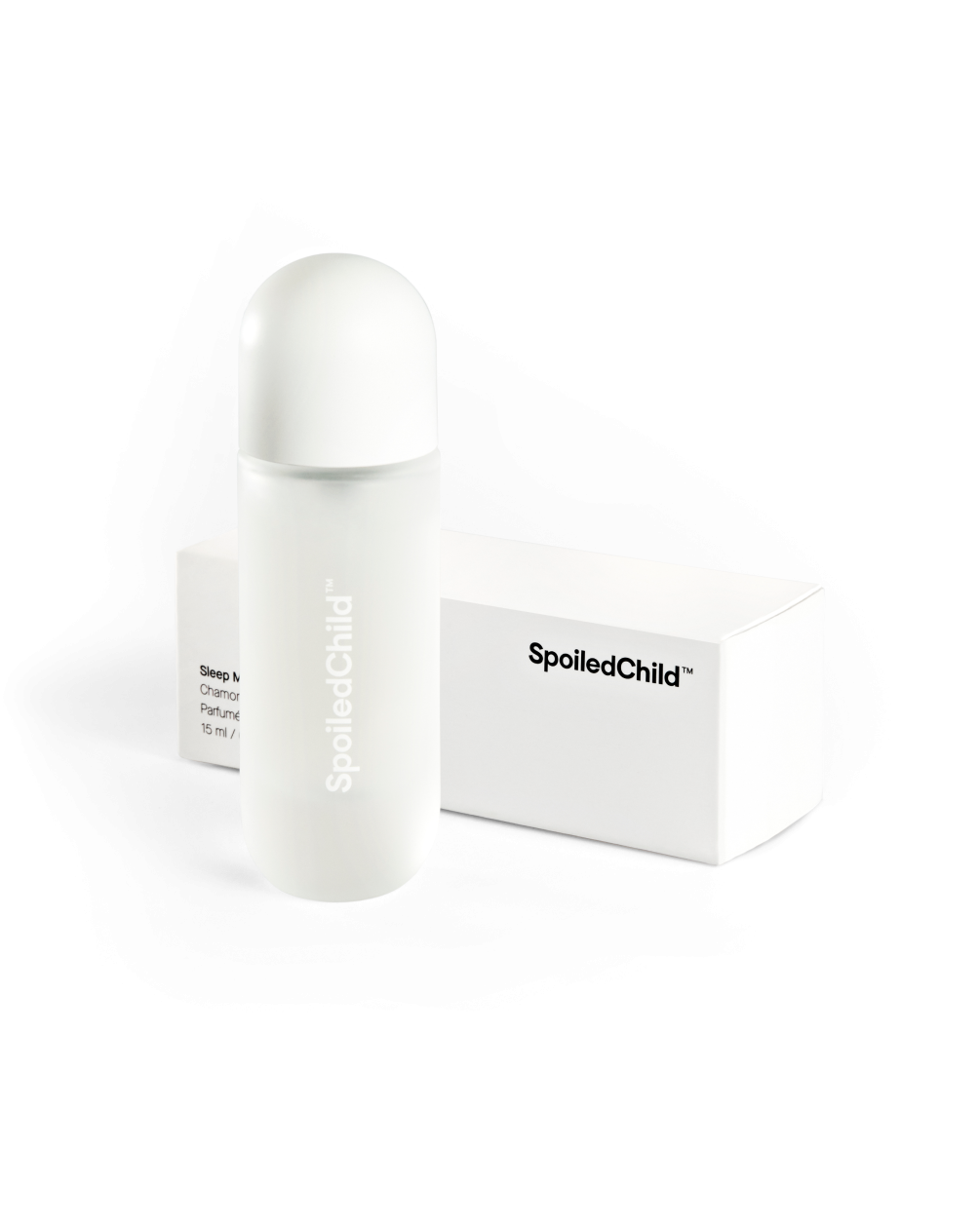 A semi-transparent white frosted spray bottle standing next to its horizontal white SpoiledChild packaging box on a white background.