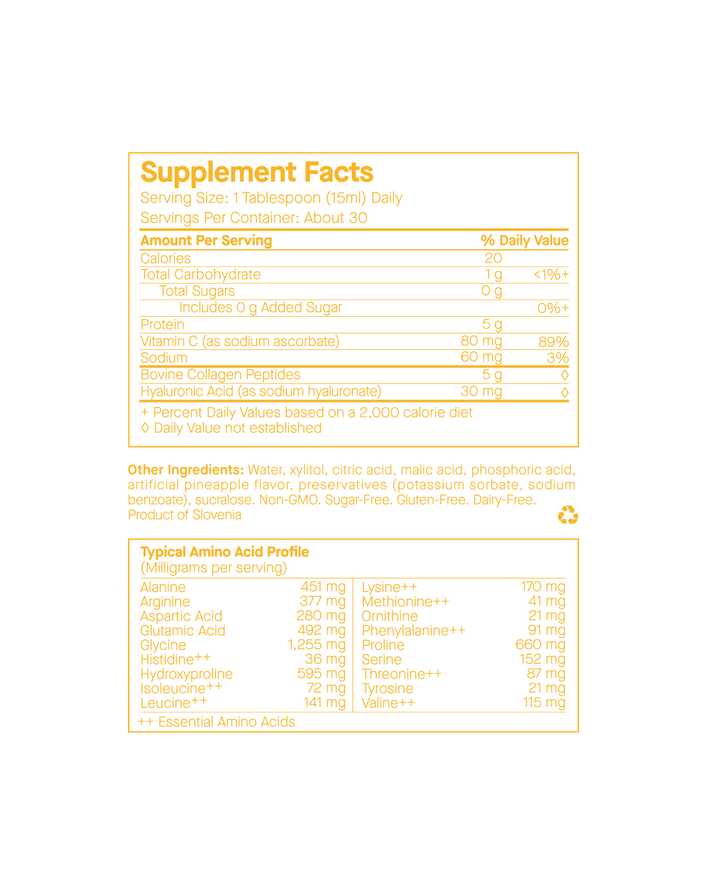 An yellow and white Supplement Facts label for E27 Liquid Collagen, detailing nutritional information, ingredients, and a typical Amino Acid Profile per serving.