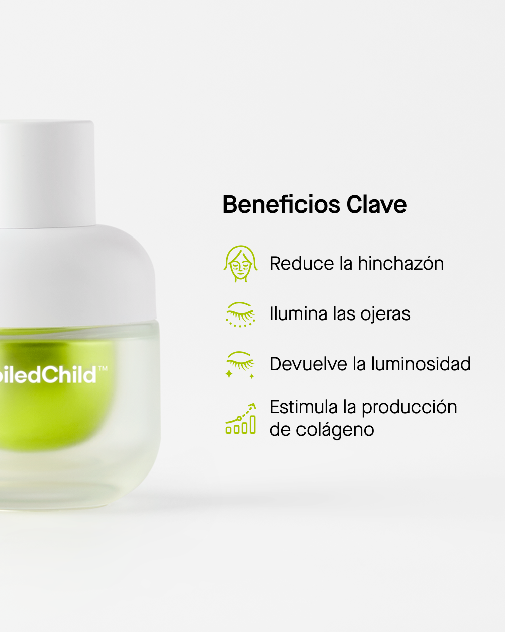 Frasco de crema para ojos SpoiledChild T31 junto a una lista de beneficios clave en español acompañada de iconos verdes.