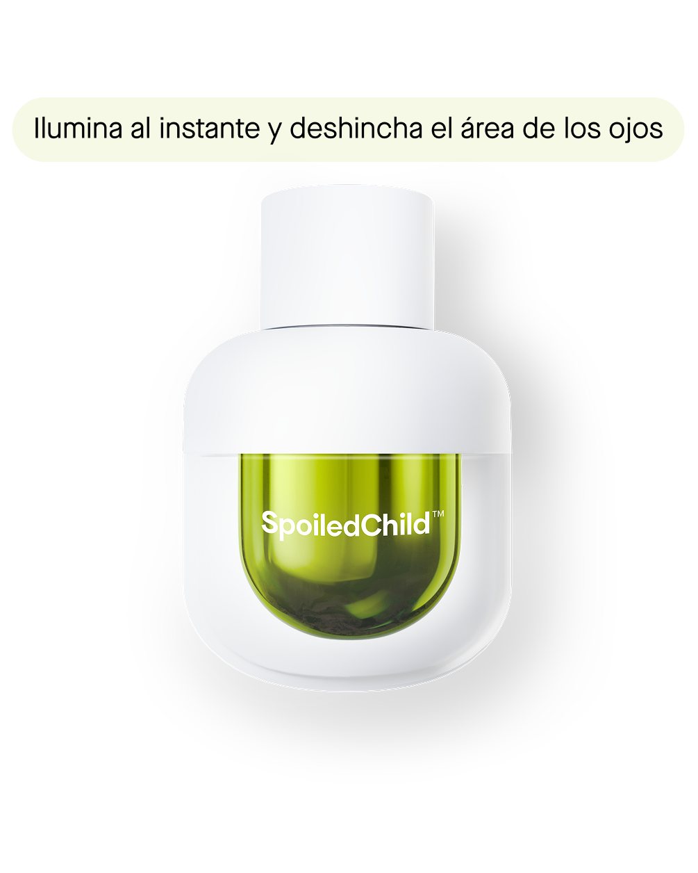 Frasco de crema para ojos SpoiledChild T31 blanco con cápsula verde y banner en español sobre beneficios iluminadores y desinflamatorios.