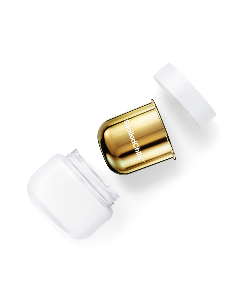 An exploded view of a SpoiledChild S24 product jar, showing a reflective gold refill capsule between a clear outer shell and a white screw cap, arranged diagonally against a white background.